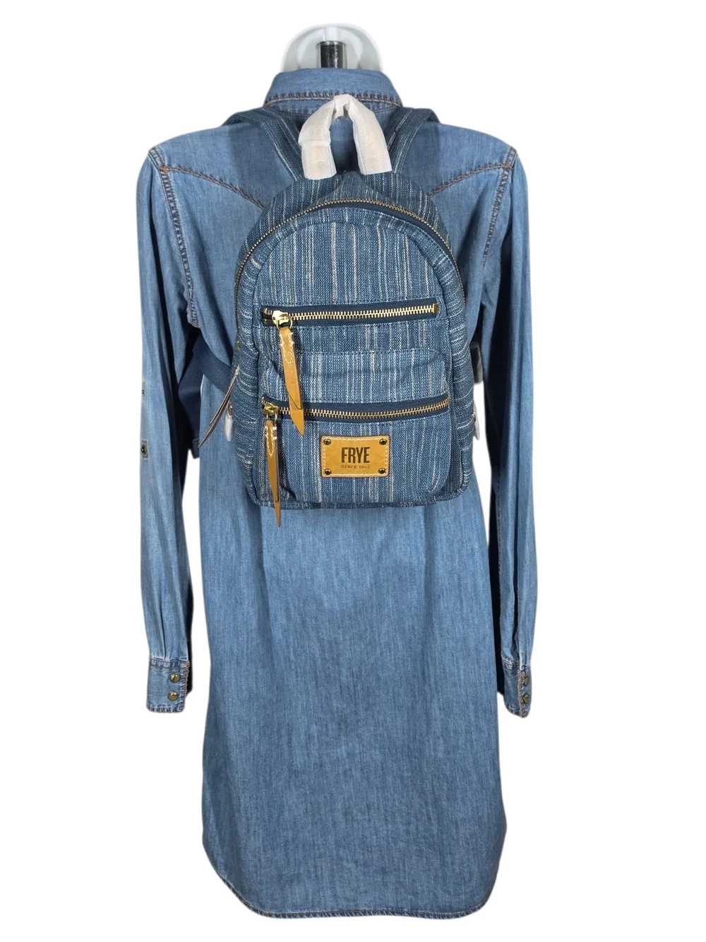 FRYE Small Striped Denim Backpack in Blue with Leather Tan Accents